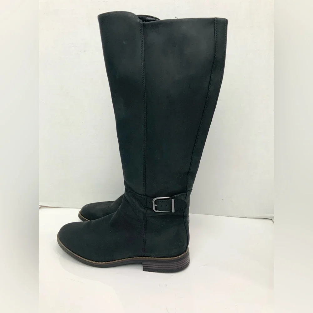 Clarks Sz 7.5 Camzin Branch Black Leather Buckle Zip Up‎ Knee Tall Riding Boots